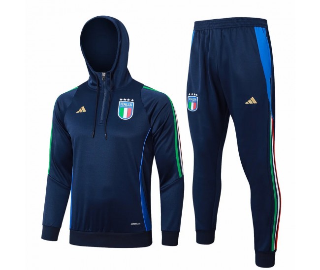 Italy Mens Navy Training Hooded Technical Football Tracksuit 2024-25